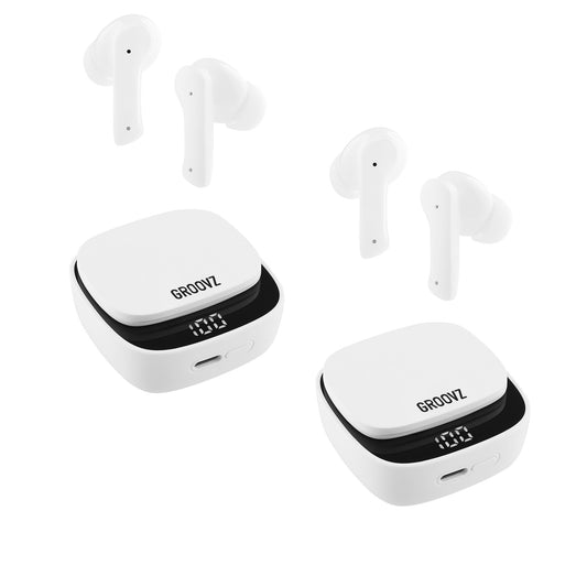 Pink wireless earbuds with charging cases on a white background