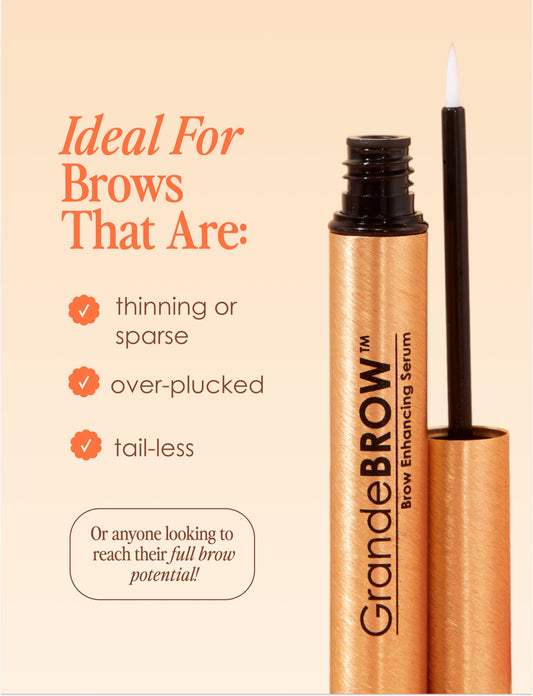 GrandeBrow brow enhancing serum with gold packaging and black applicator on a white background