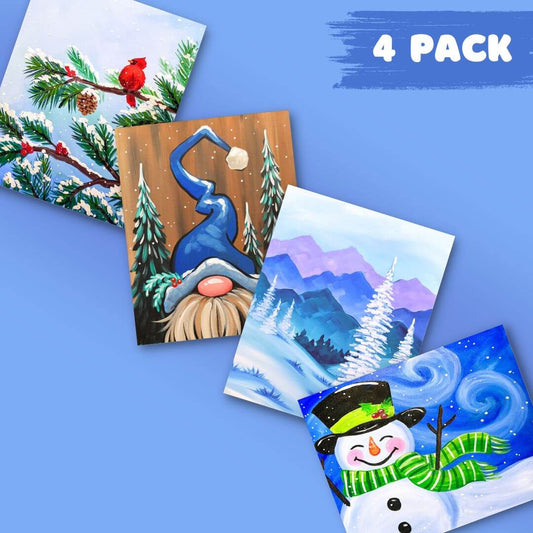 Four winter-themed greeting cards with a blue background, featuring a snowman, gnome, and snowy landscapes.