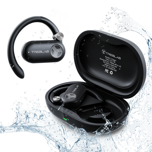 Black wireless earbuds with charging case on a water splash background
