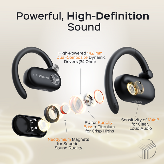 Black wireless earbuds with charging case on a water splash background