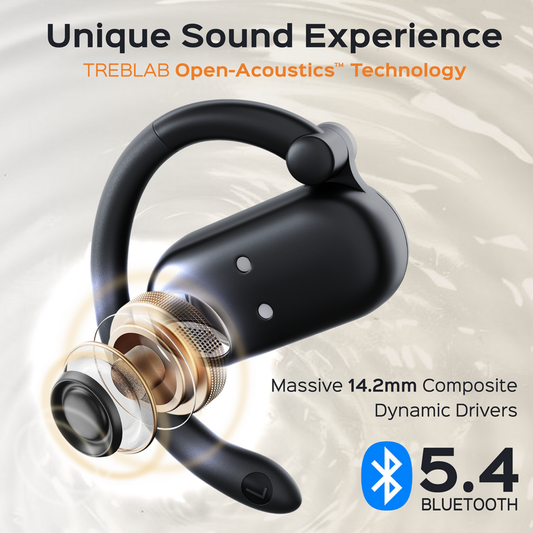 Black wireless earbuds with charging case on a water splash background