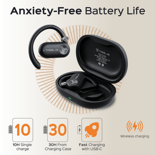 Black wireless earbuds with charging case on a water splash background