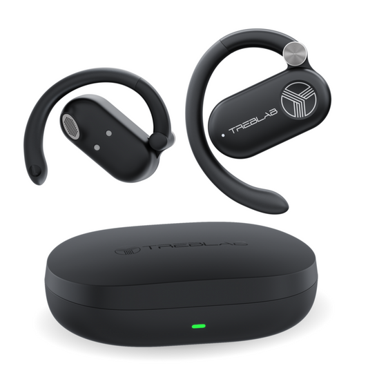Black wireless earbuds with charging case on a water splash background