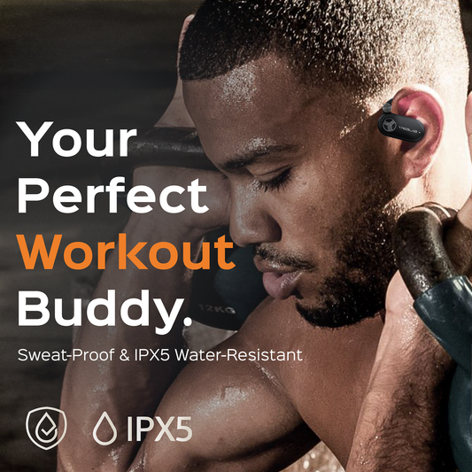 Black wireless earbuds with charging case on a water splash background