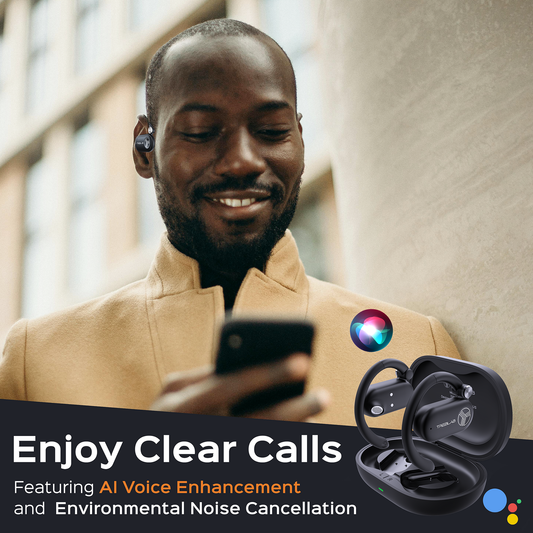 Black wireless earbuds with charging case on a water splash background