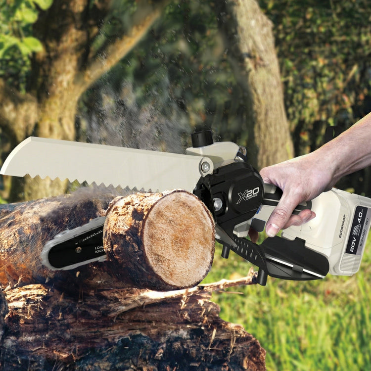 Person using a chainsaw to cut a log with a blurred natural background