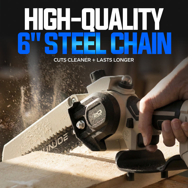 Unijoe chain saw cutting wood with text highlighting high-quality 6-inch steel chain.