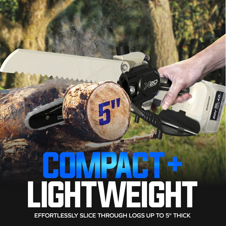 Handheld chainsaw cutting a log with text highlighting compact and lightweight features.