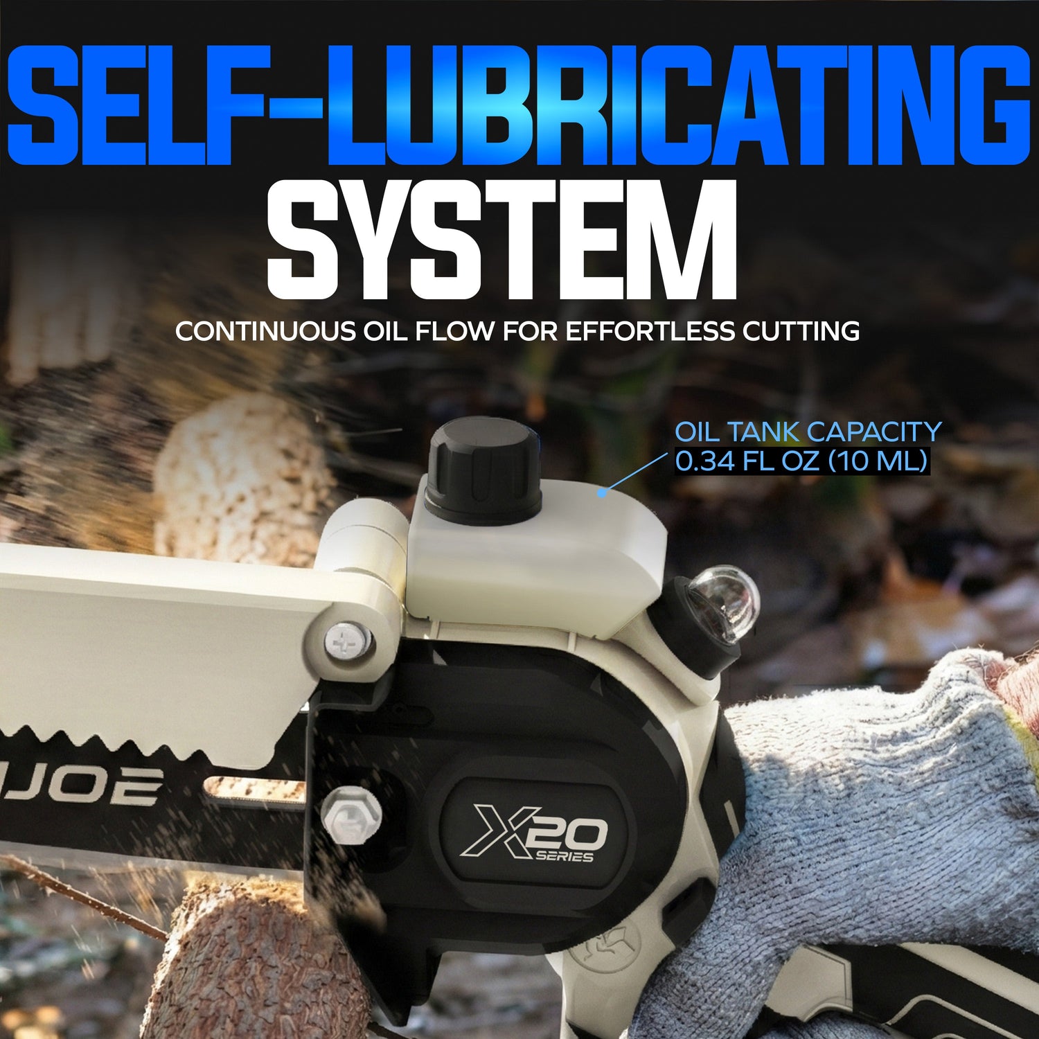 Close-up of a chainsaw with a self-lubricating system feature highlighted.