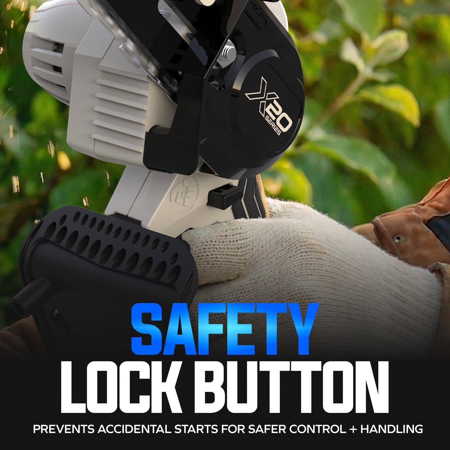 Gardening tool with safety lock button feature, brand 'X20' visible