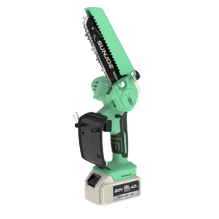 Green and black power tool with 'Sun Joe' branding on a white background