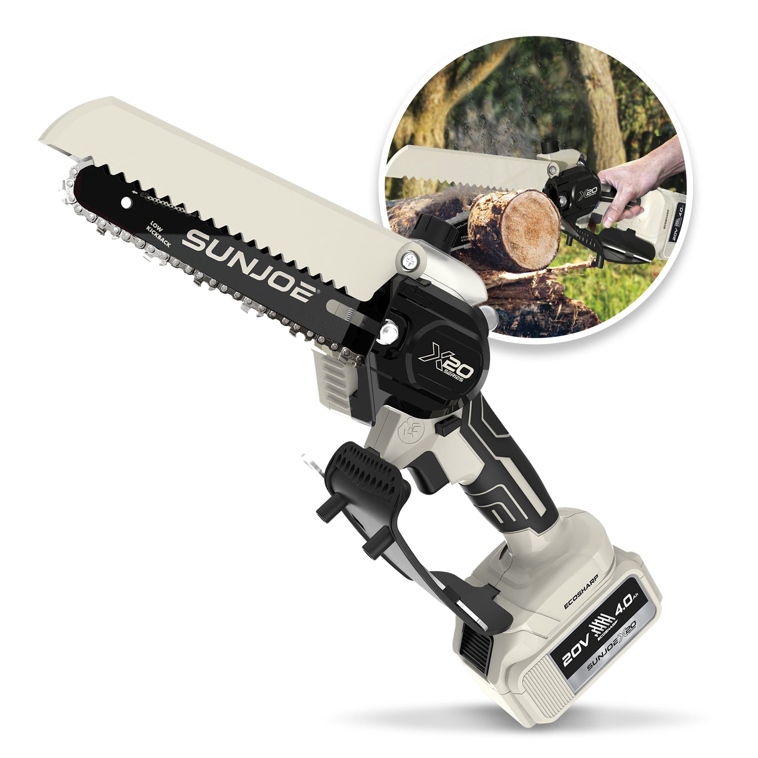 SUNJOE cordless hedge trimmer with close-up inset showing use on a white background