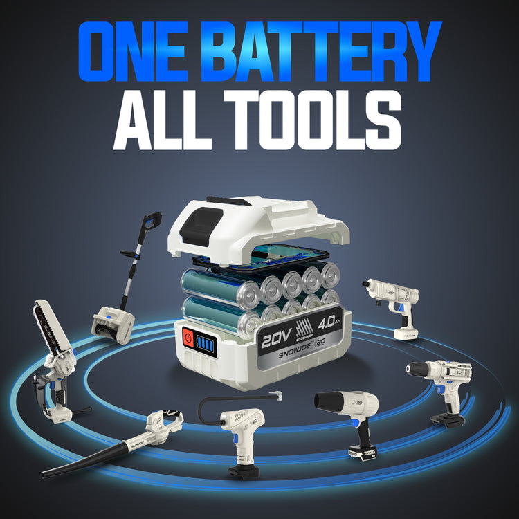 Set of tools with a battery pack labeled 'One Battery All Tools' on a dark background