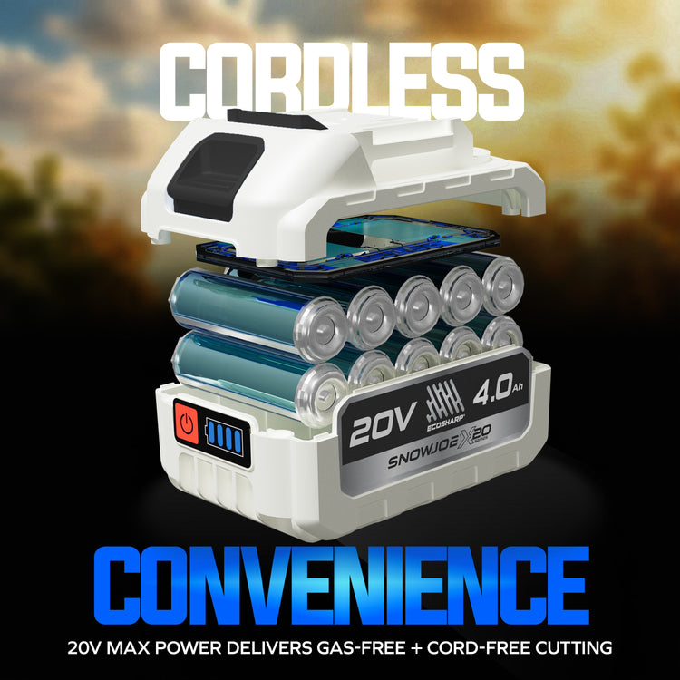 Cordless cutting tool with batteries and charger on a blurred outdoor background