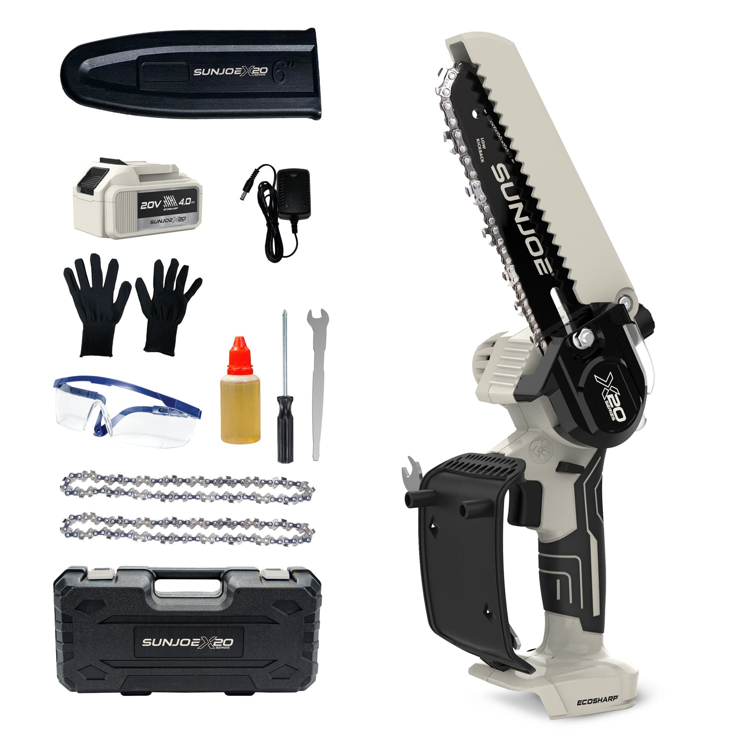 Sun Joe hedge trimmer set with accessories on a white background