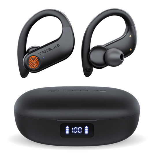 Black wireless earbuds with charging case on a white background