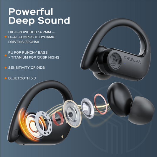 Black wireless earbuds with charging case on a white background