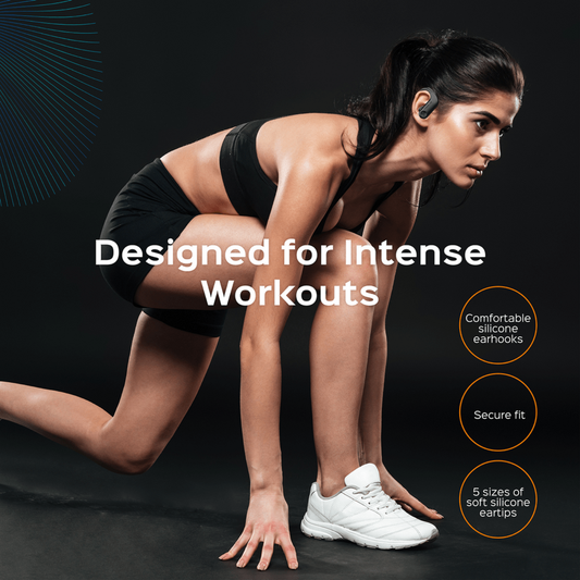 Black wireless earbuds with charging case on a white background