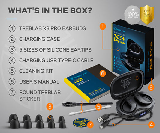 Black wireless earbuds with charging case on a white background