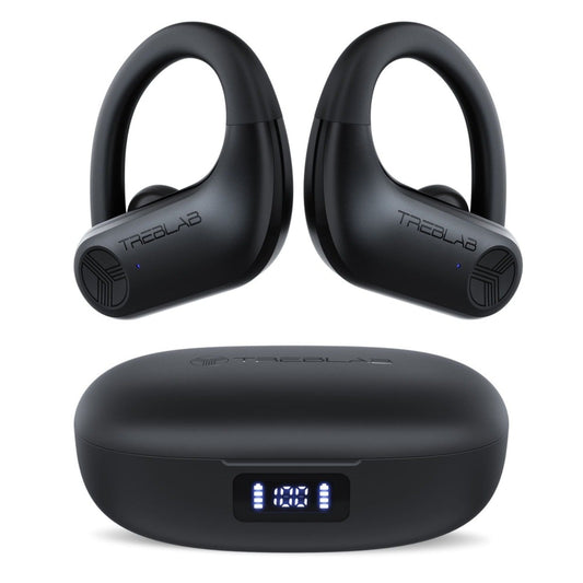 Black wireless earbuds with charging case on a white background