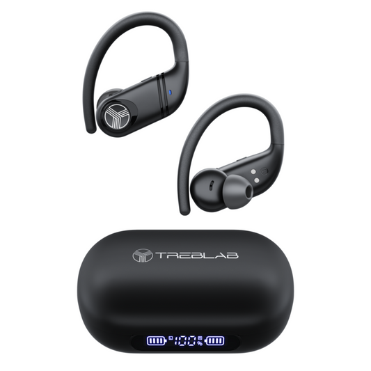 Black wireless earbuds with charging case on a white background, featuring the Treblab brand.