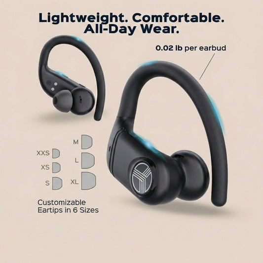 Black wireless earbuds with charging case on a white background, featuring the Treblab brand.