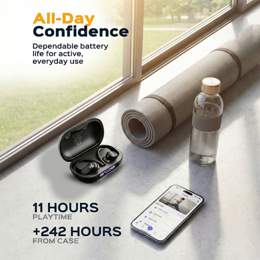 Black wireless earbuds with charging case on a white background, featuring the Treblab brand.