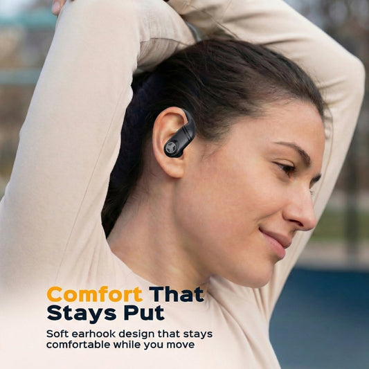 Black wireless earbuds with charging case on a white background, featuring the Treblab brand.