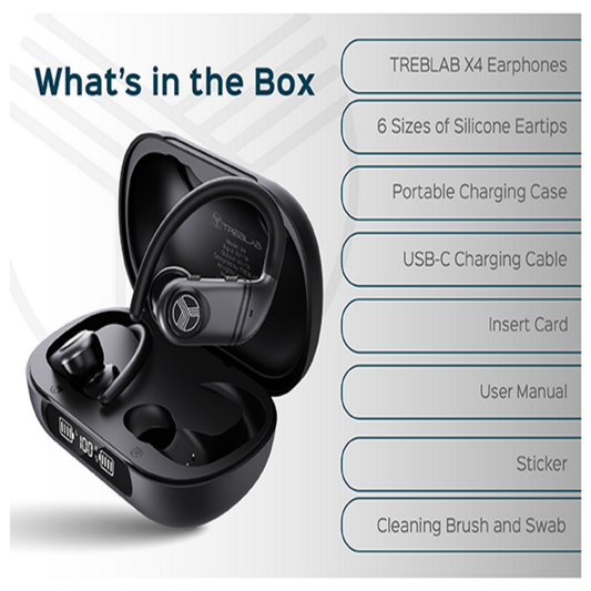 Black wireless earbuds with charging case on a white background, featuring the Treblab brand.