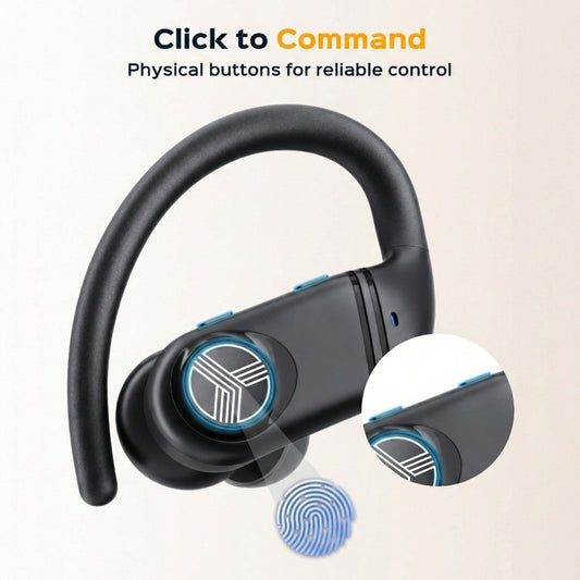 Black wireless earbuds with charging case on a white background, featuring the Treblab brand.