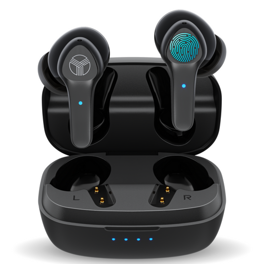 Black wireless earbuds with charging case on a white background