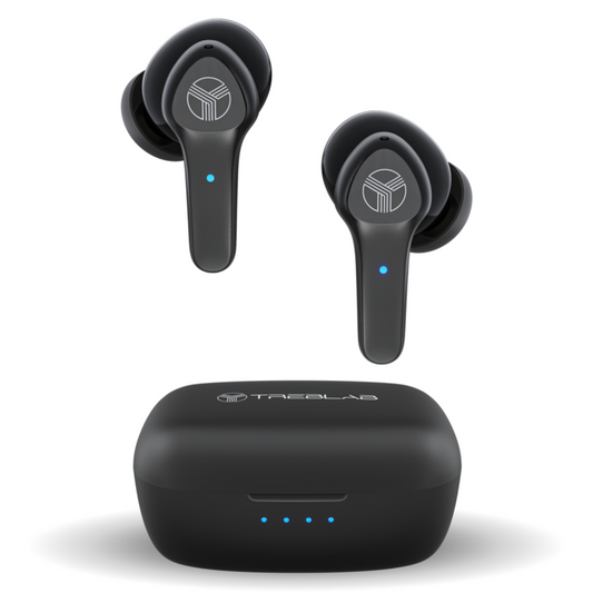 Black wireless earbuds with charging case on a white background