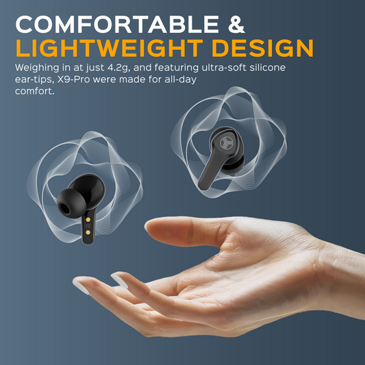 Black wireless earbuds with charging case on a white background