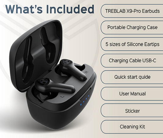 Black wireless earbuds with charging case on a white background