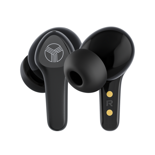 Black wireless earbuds with charging case on a white background