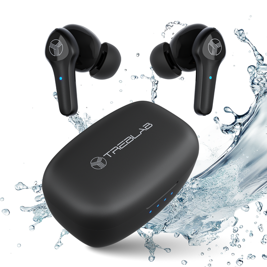Black wireless earbuds with charging case on a white background