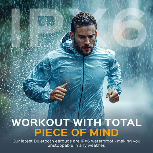 Black wireless earbuds with charging case on a white background