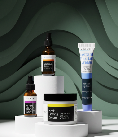Collection of skincare products on a green wavy background