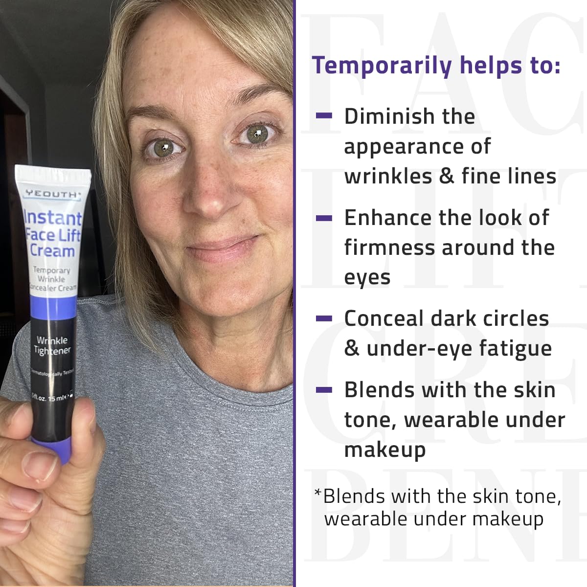 Person holding a tube of VEDURA instant face lift cream with product features listed on the right.