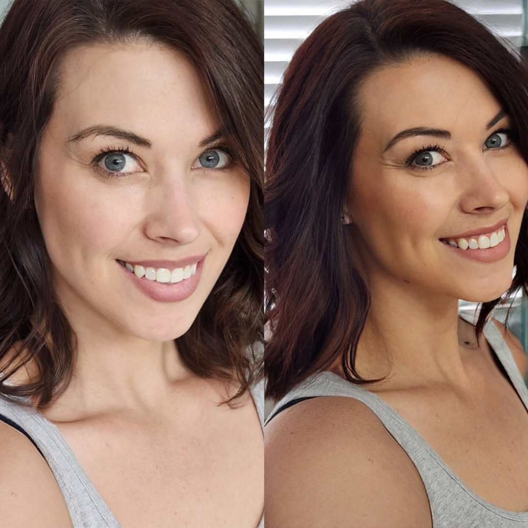 Side-by-side comparison of a woman with and without makeup