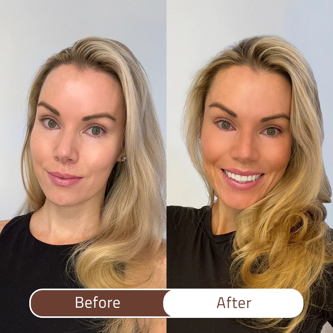Before and after comparison of a woman with blonde hair against a plain background