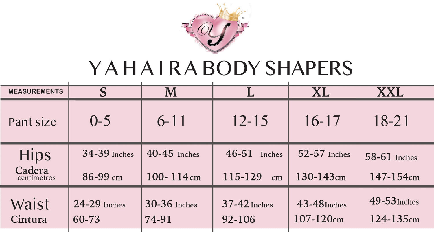 Yahaira body shaper size chart with measurements on a pink background