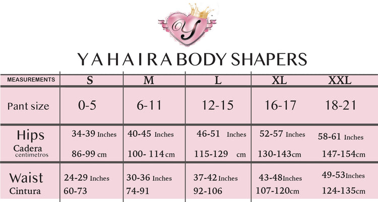 Yahaira body shaper size chart with measurements on a pink background