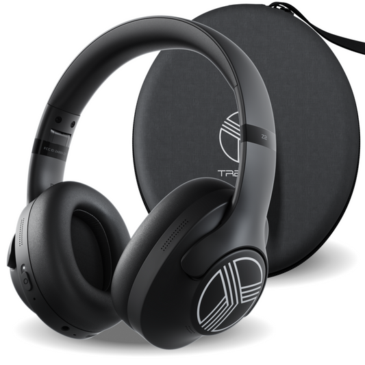 Black headphones with a carrying case on a white background