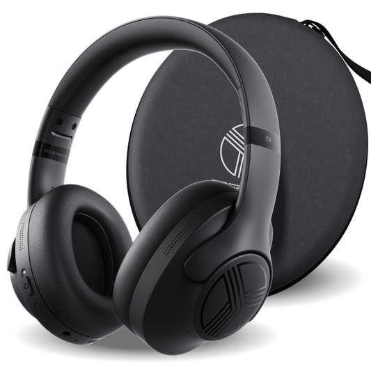 Black over-ear headphones with a carrying case on a white background