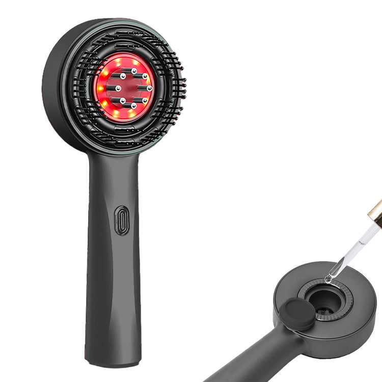 Black handheld device with red light and a syringe-like component on a white background