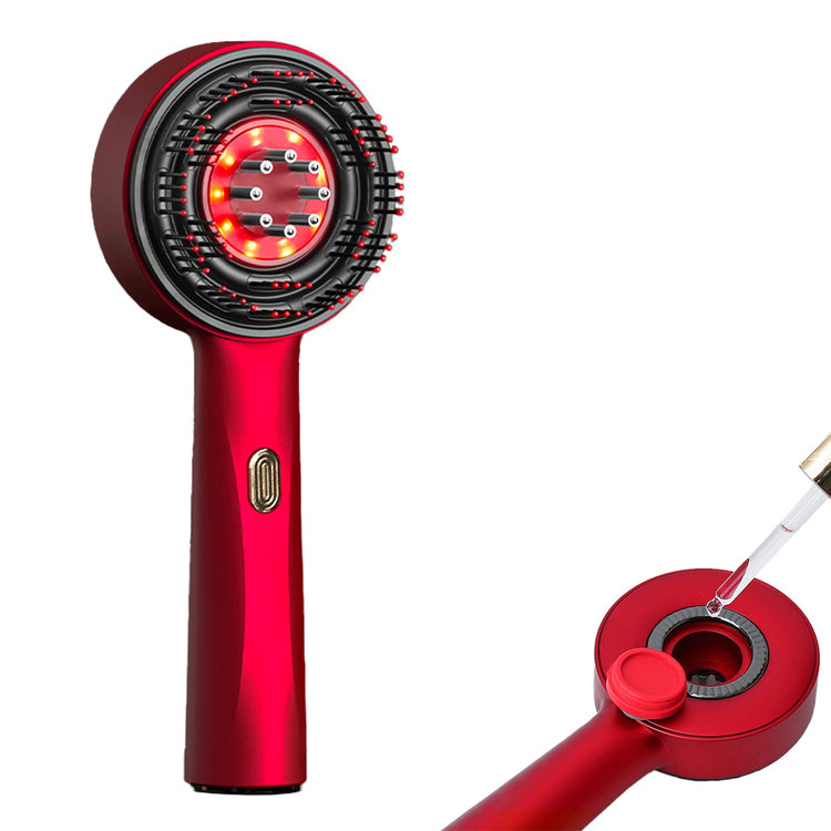 Red handheld device with a circular component on a white background