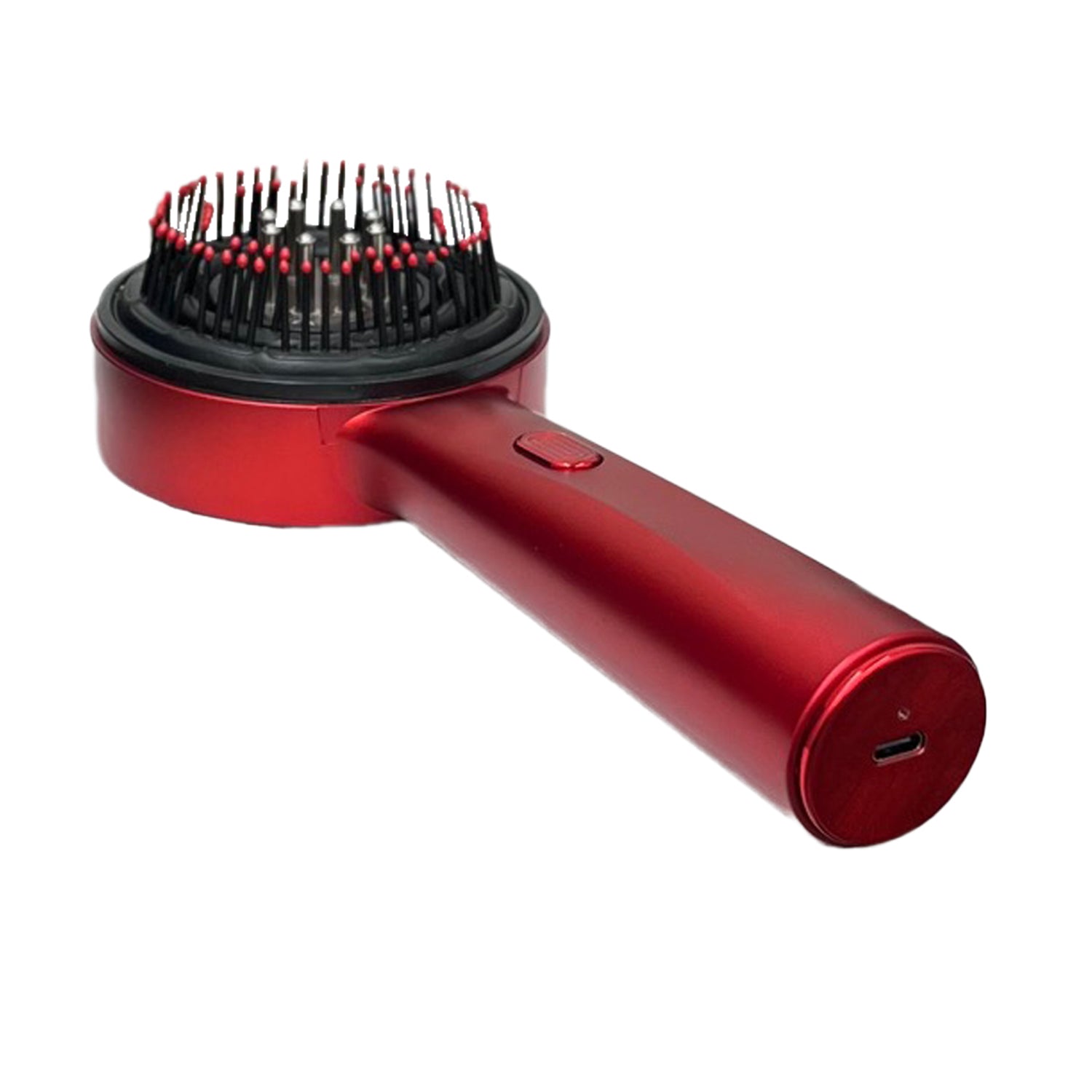 Red hair dryer with brush attachment on a white background