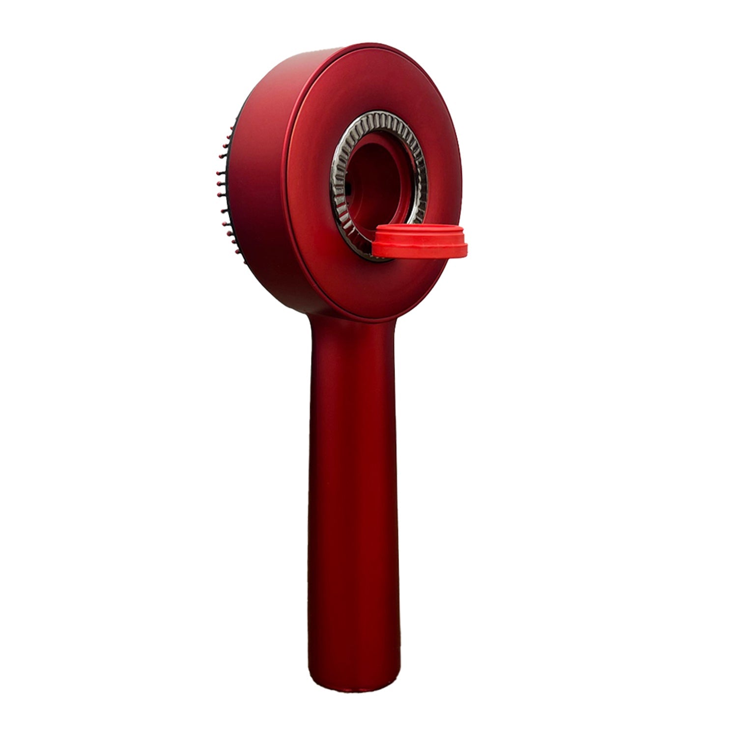 Red handheld shower head on a white background